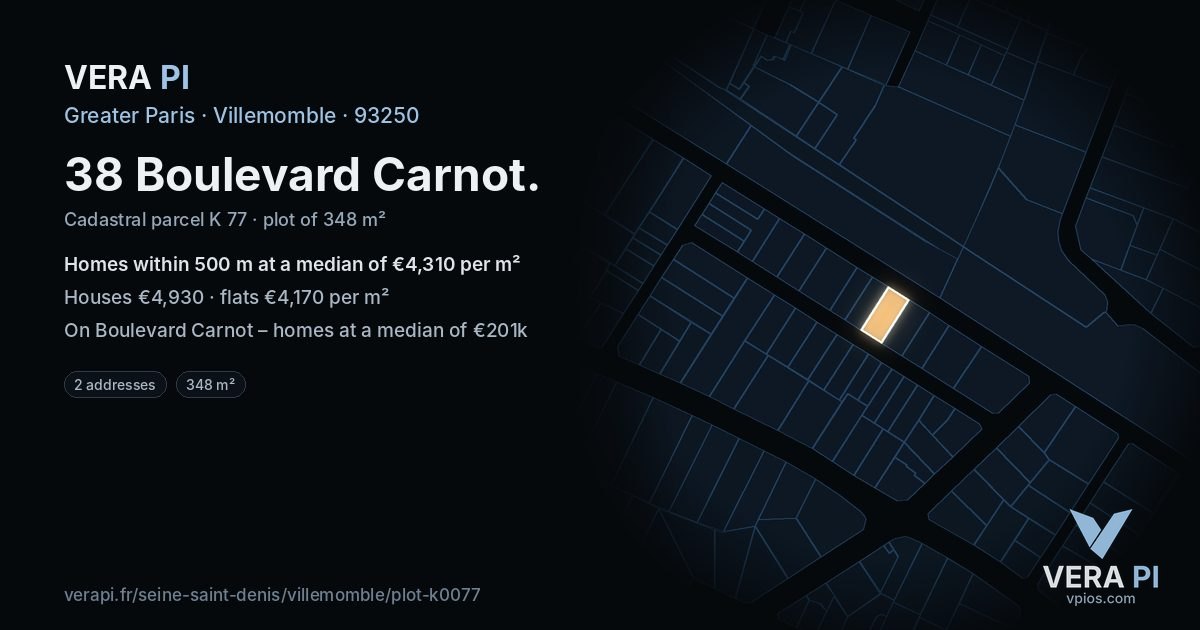 38 Boulevard Carnot, Villemomble at night – the plot lit, the parcels around coloured by the prices near them