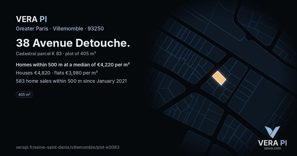 38 Avenue Detouche, Villemomble at night – the plot lit, the parcels around coloured by the prices near them