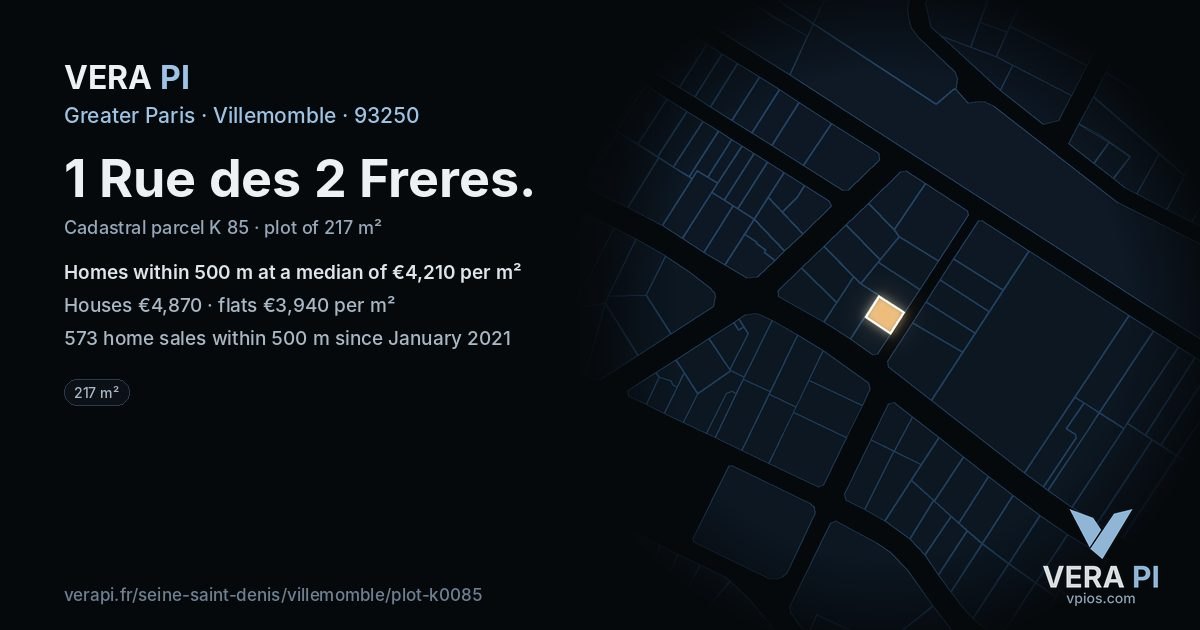 1 Rue des 2 Freres, Villemomble at night – the plot lit, the parcels around coloured by the prices near them