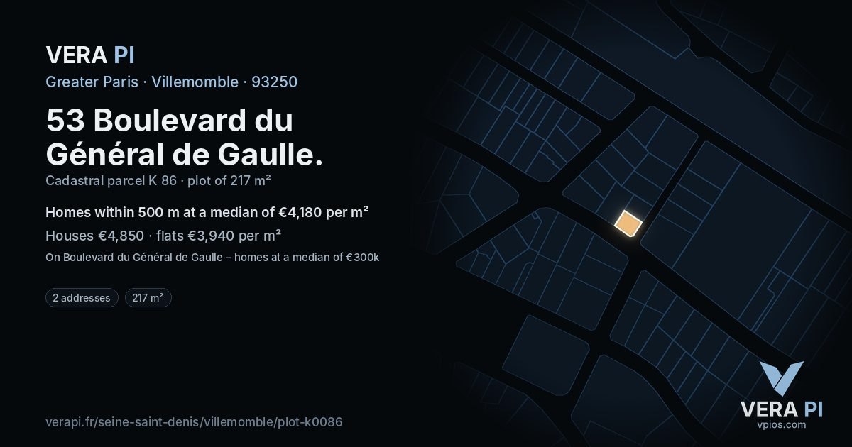53 Boulevard du Général de Gaulle, Villemomble at night – the plot lit, the parcels around coloured by the prices near them