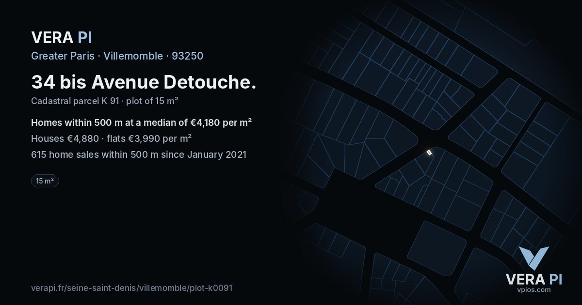 34 bis Avenue Detouche, Villemomble at night – the plot lit, the parcels around coloured by the prices near them