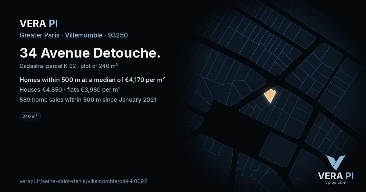 34 Avenue Detouche, Villemomble at night – the plot lit, the parcels around coloured by the prices near them