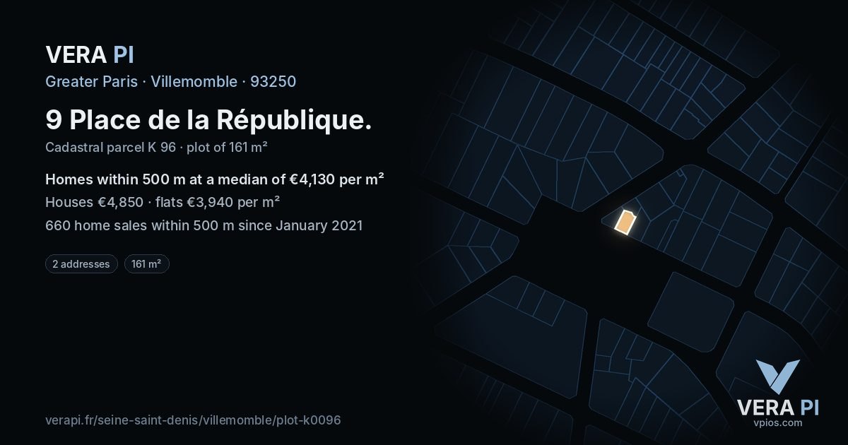 9 Place de la République, Villemomble at night – the plot lit, the parcels around coloured by the prices near them