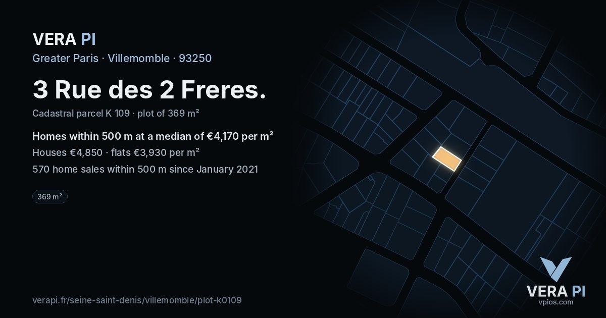 3 Rue des 2 Freres, Villemomble at night – the plot lit, the parcels around coloured by the prices near them