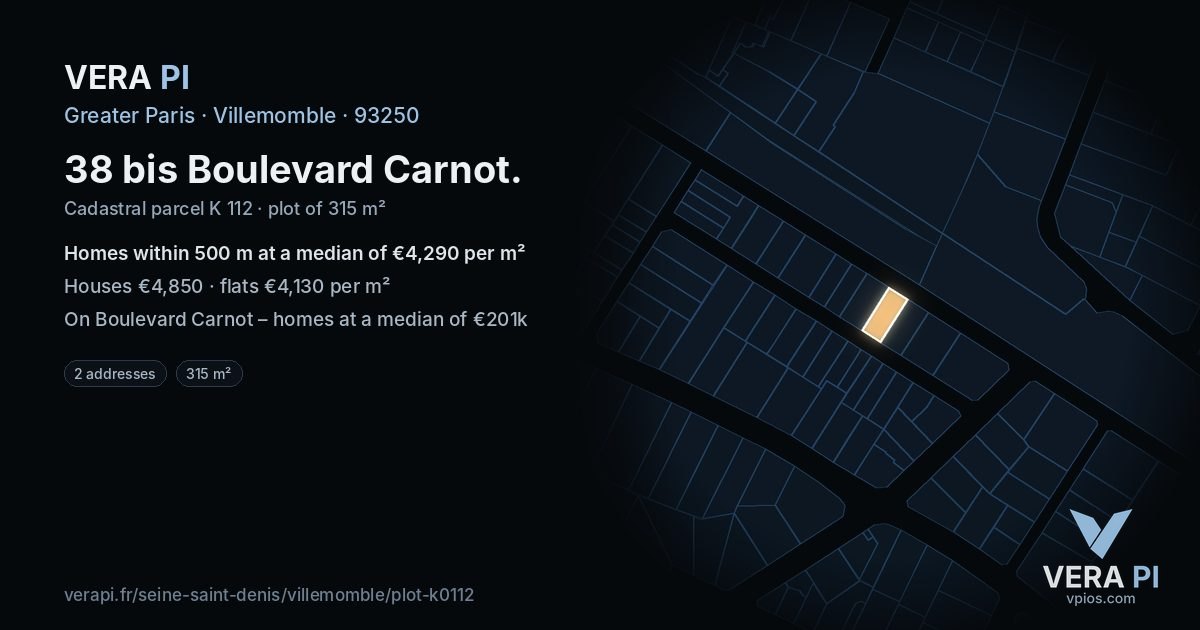 38 bis Boulevard Carnot, Villemomble at night – the plot lit, the parcels around coloured by the prices near them