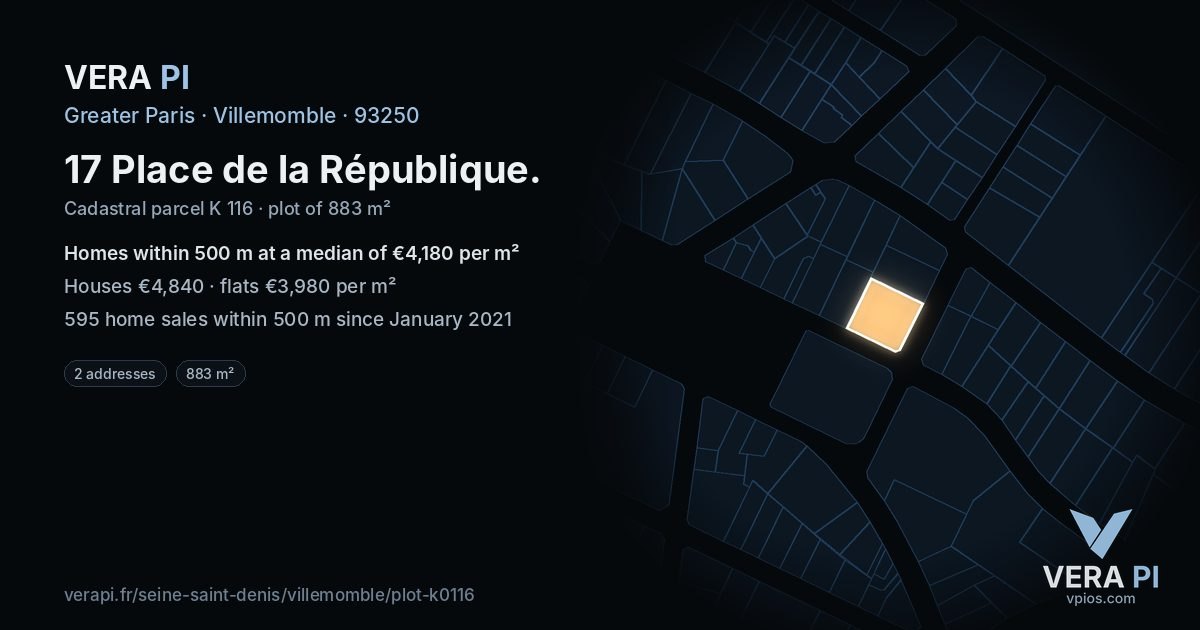17 Place de la République, Villemomble at night – the plot lit, the parcels around coloured by the prices near them