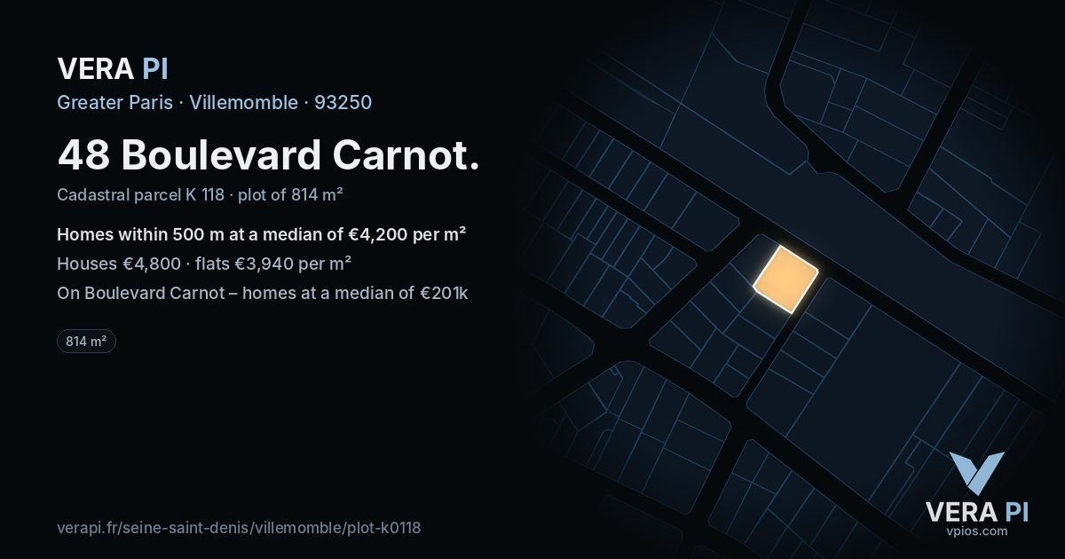 48 Boulevard Carnot, Villemomble at night – the plot lit, the parcels around coloured by the prices near them
