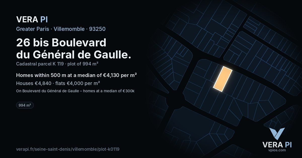 26 bis Boulevard du Général de Gaulle, Villemomble at night – the plot lit, the parcels around coloured by the prices near them
