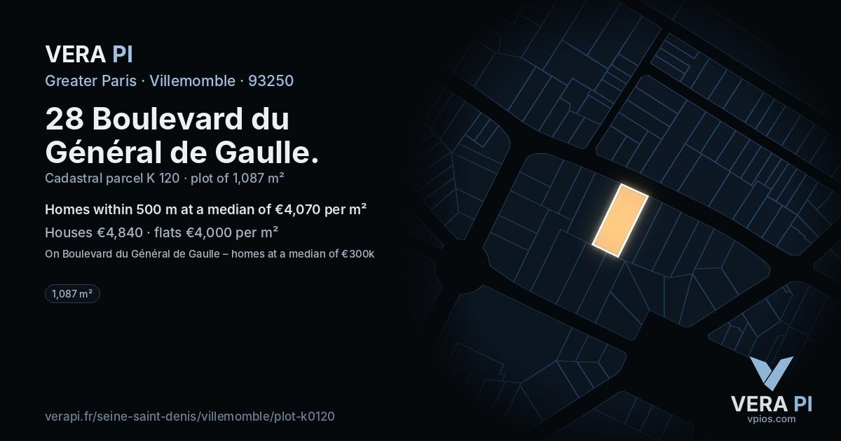 28 Boulevard du Général de Gaulle, Villemomble at night – the plot lit, the parcels around coloured by the prices near them