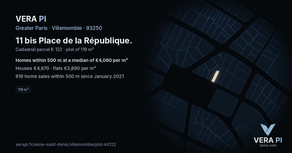 11 bis Place de la République, Villemomble at night – the plot lit, the parcels around coloured by the prices near them