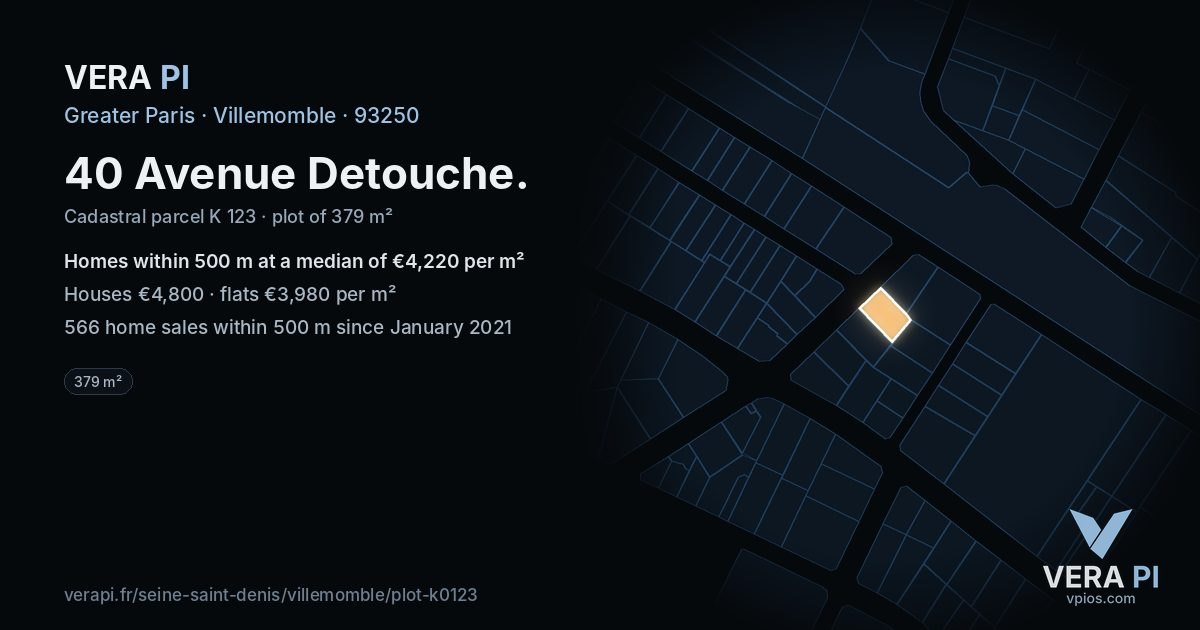 40 Avenue Detouche, Villemomble at night – the plot lit, the parcels around coloured by the prices near them