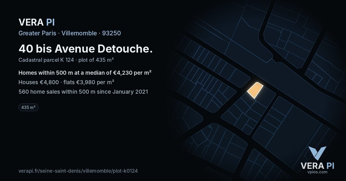 40 bis Avenue Detouche, Villemomble at night – the plot lit, the parcels around coloured by the prices near them