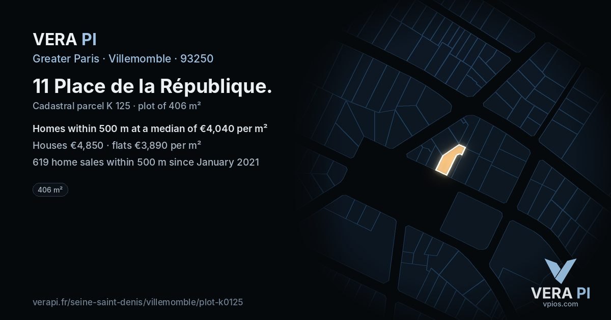 11 Place de la République, Villemomble at night – the plot lit, the parcels around coloured by the prices near them