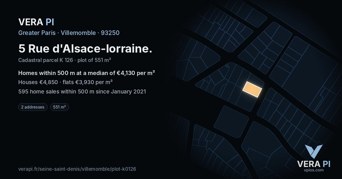 5 Rue d'Alsace-lorraine, Villemomble at night – the plot lit, the parcels around coloured by the prices near them