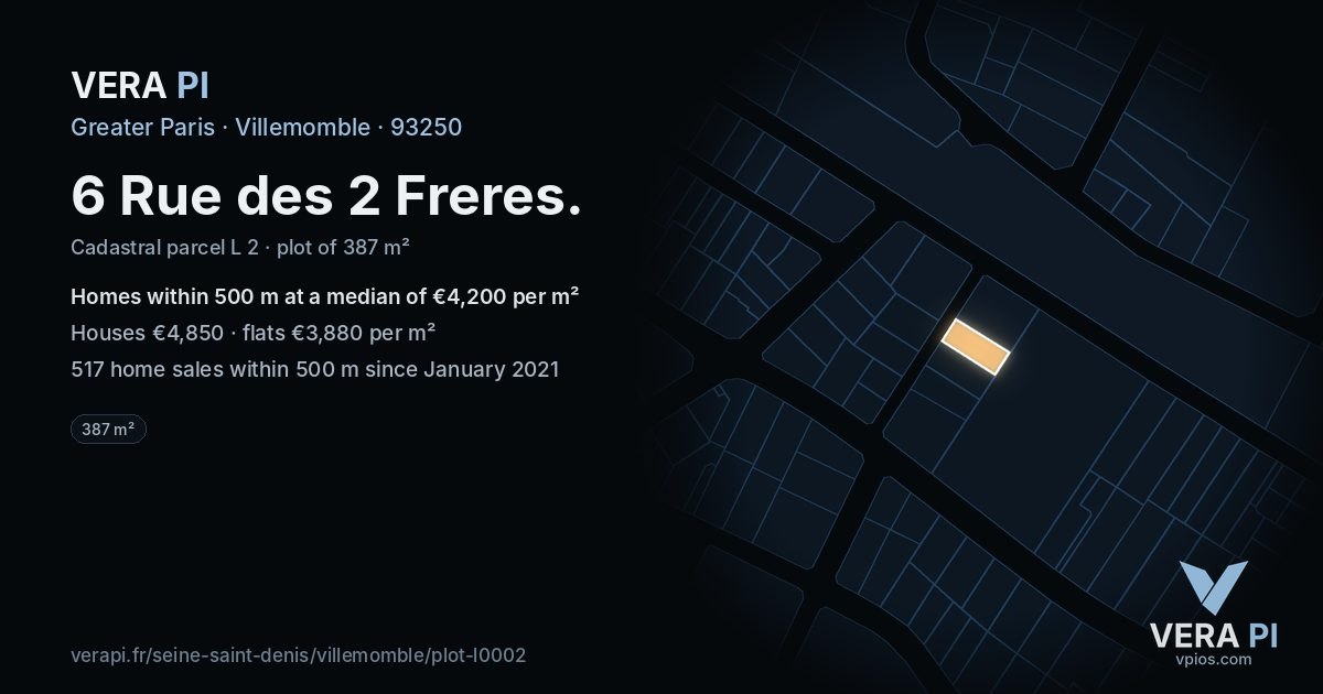 6 Rue des 2 Freres, Villemomble at night – the plot lit, the parcels around coloured by the prices near them