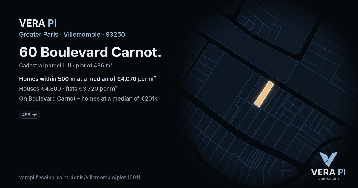 60 Boulevard Carnot, Villemomble at night – the plot lit, the parcels around coloured by the prices near them