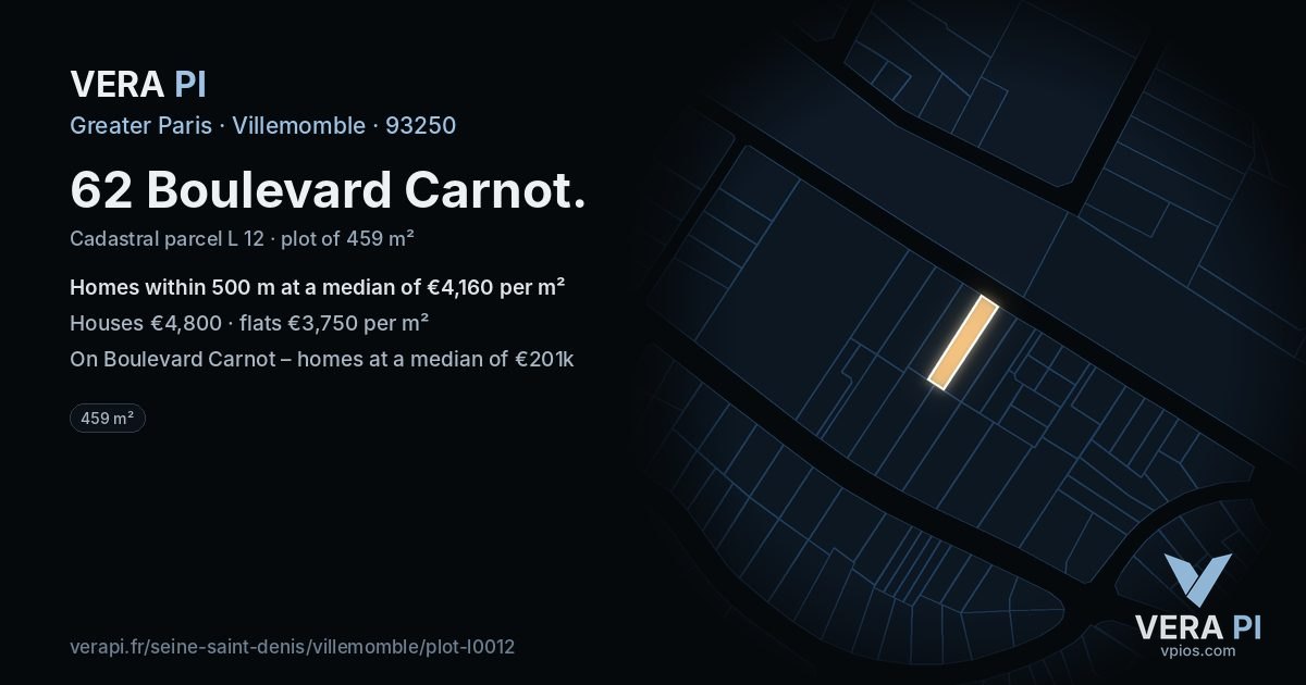 62 Boulevard Carnot, Villemomble at night – the plot lit, the parcels around coloured by the prices near them