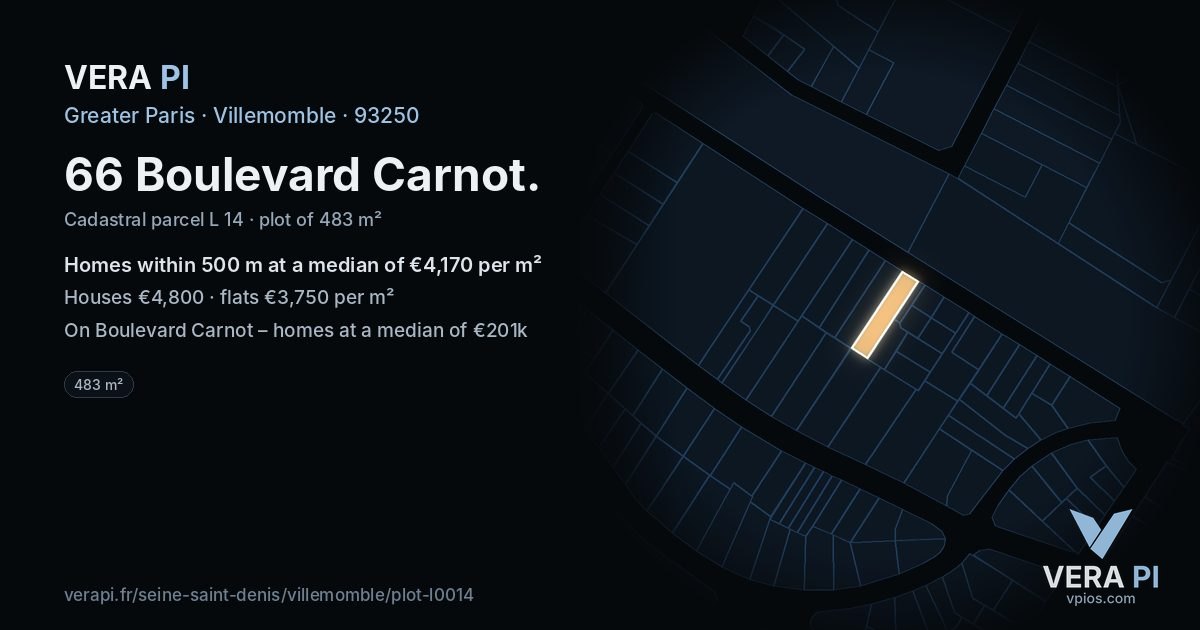 66 Boulevard Carnot, Villemomble at night – the plot lit, the parcels around coloured by the prices near them