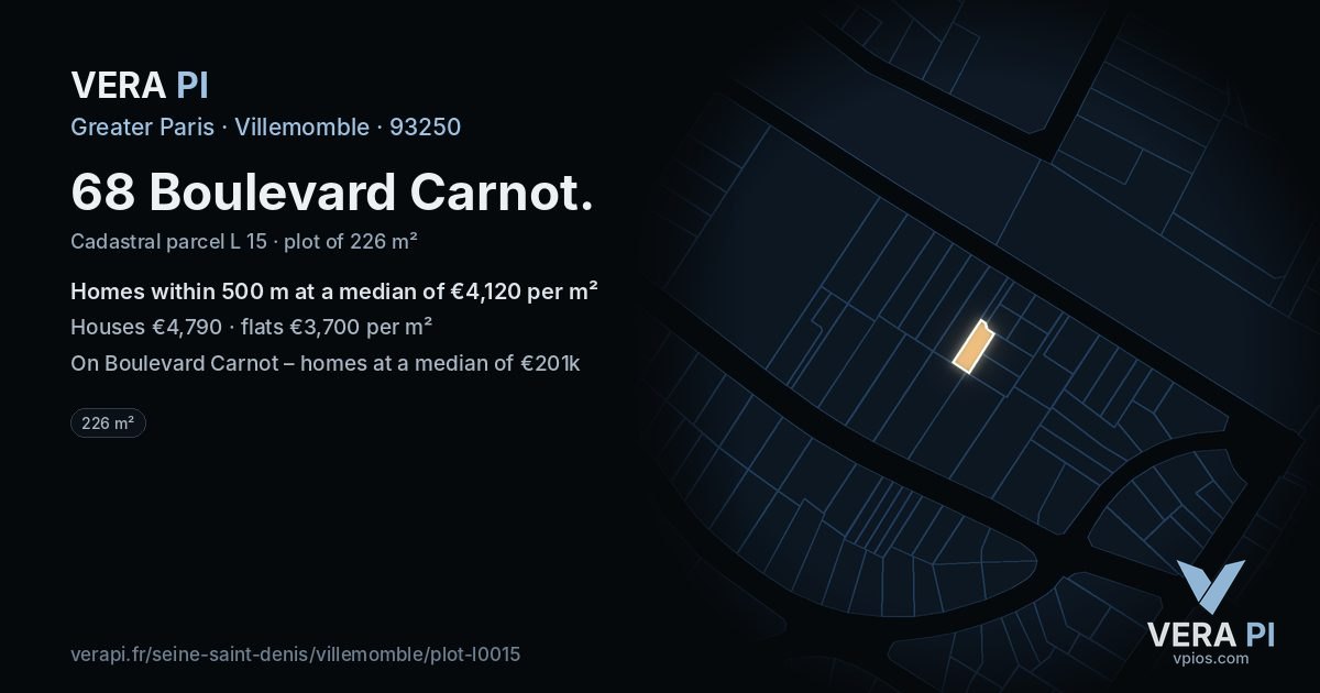 68 Boulevard Carnot, Villemomble at night – the plot lit, the parcels around coloured by the prices near them