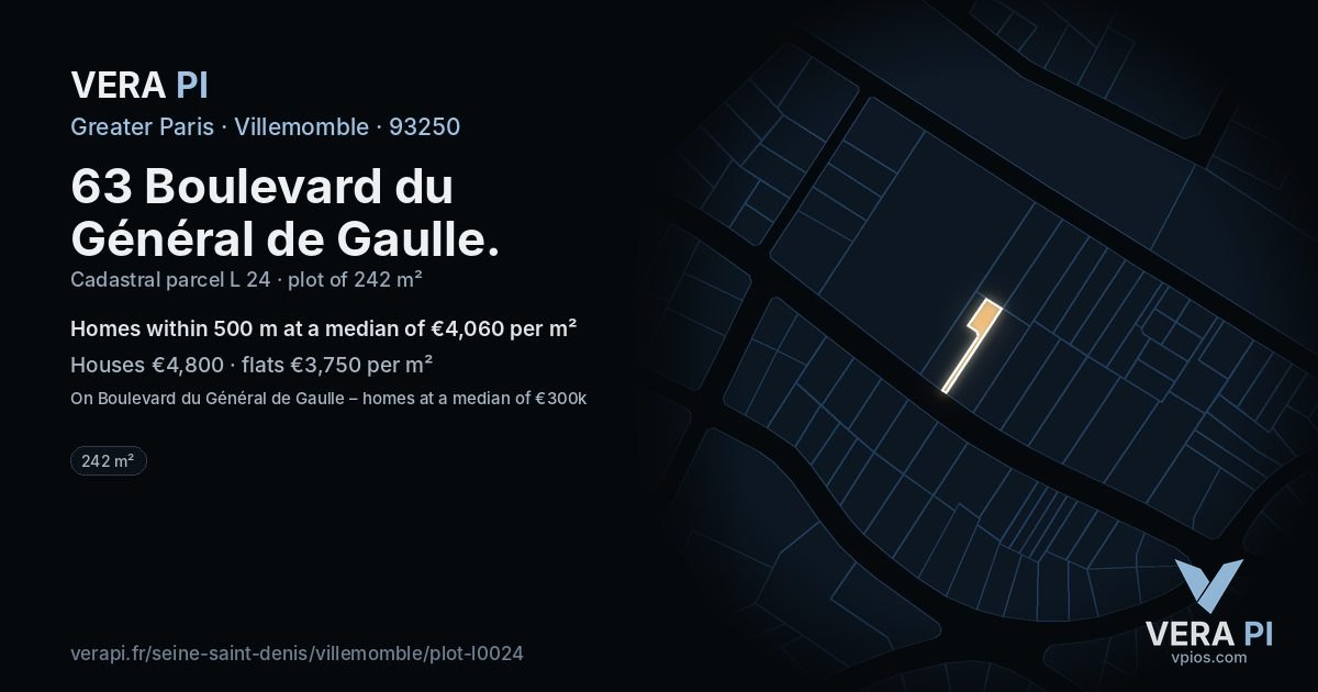 63 Boulevard du Général de Gaulle, Villemomble at night – the plot lit, the parcels around coloured by the prices near them