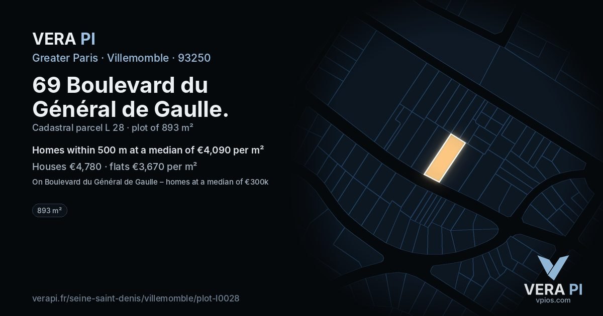 69 Boulevard du Général de Gaulle, Villemomble at night – the plot lit, the parcels around coloured by the prices near them