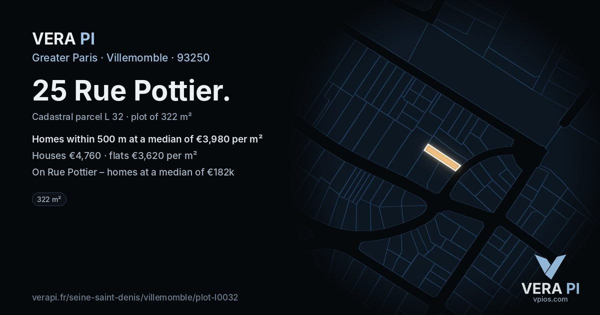 25 Rue Pottier, Villemomble at night – the plot lit, the parcels around coloured by the prices near them