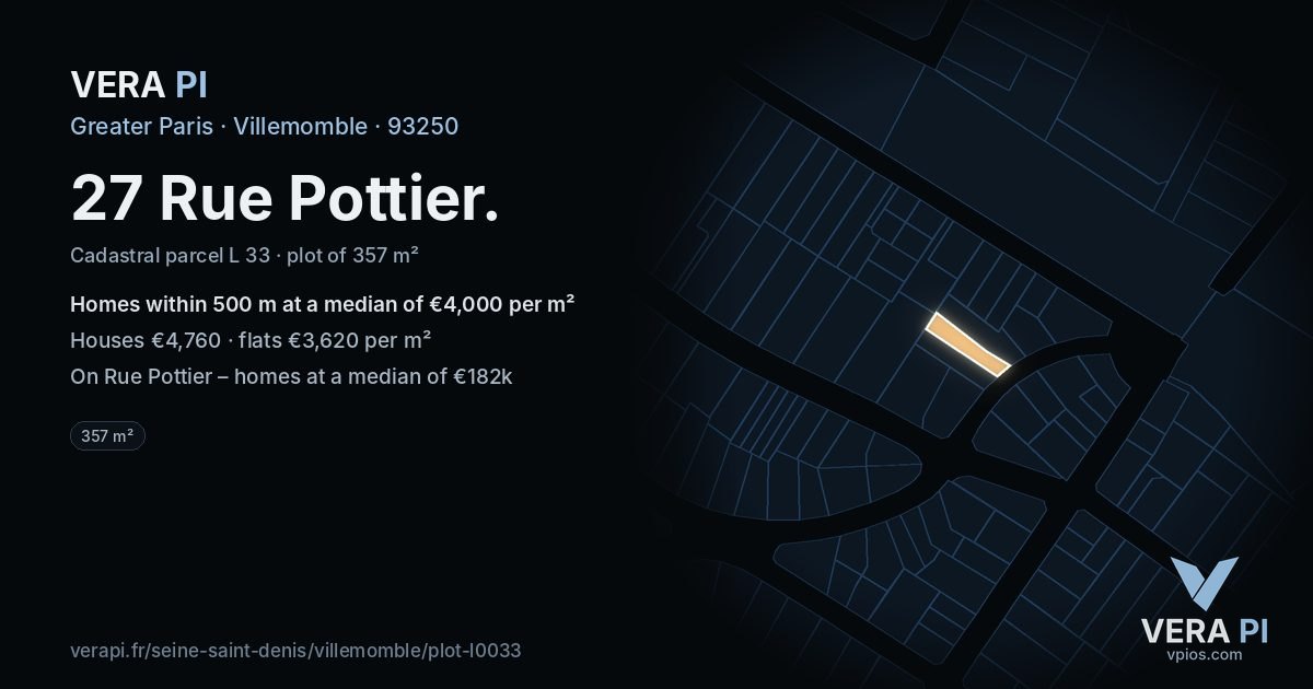 27 Rue Pottier, Villemomble at night – the plot lit, the parcels around coloured by the prices near them