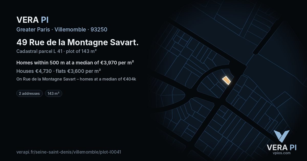 49 Rue de la Montagne Savart, Villemomble at night – the plot lit, the parcels around coloured by the prices near them