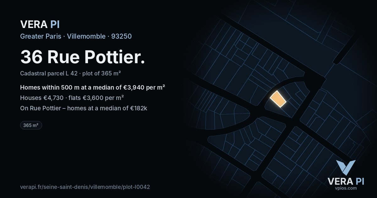 36 Rue Pottier, Villemomble at night – the plot lit, the parcels around coloured by the prices near them