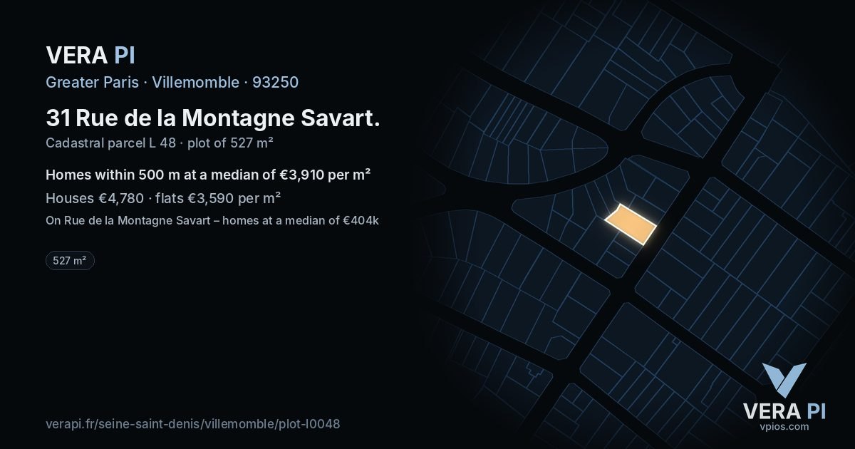 31 Rue de la Montagne Savart, Villemomble at night – the plot lit, the parcels around coloured by the prices near them