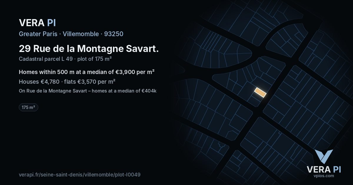 29 Rue de la Montagne Savart, Villemomble at night – the plot lit, the parcels around coloured by the prices near them