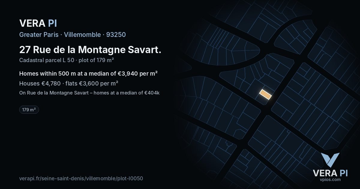 27 Rue de la Montagne Savart, Villemomble at night – the plot lit, the parcels around coloured by the prices near them