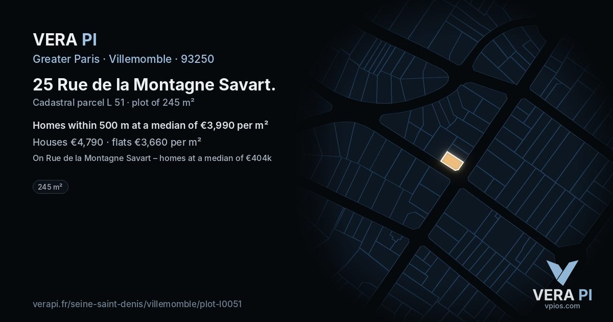 25 Rue de la Montagne Savart, Villemomble at night – the plot lit, the parcels around coloured by the prices near them