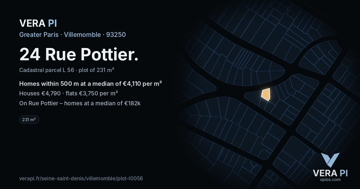 24 Rue Pottier, Villemomble at night – the plot lit, the parcels around coloured by the prices near them