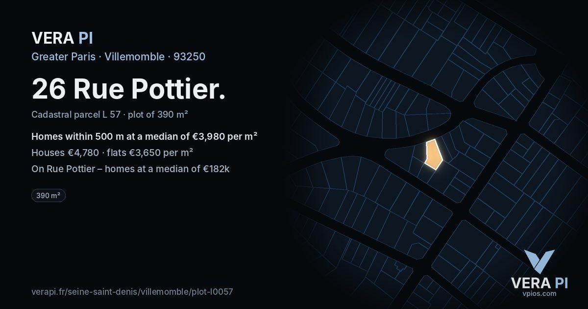 26 Rue Pottier, Villemomble at night – the plot lit, the parcels around coloured by the prices near them