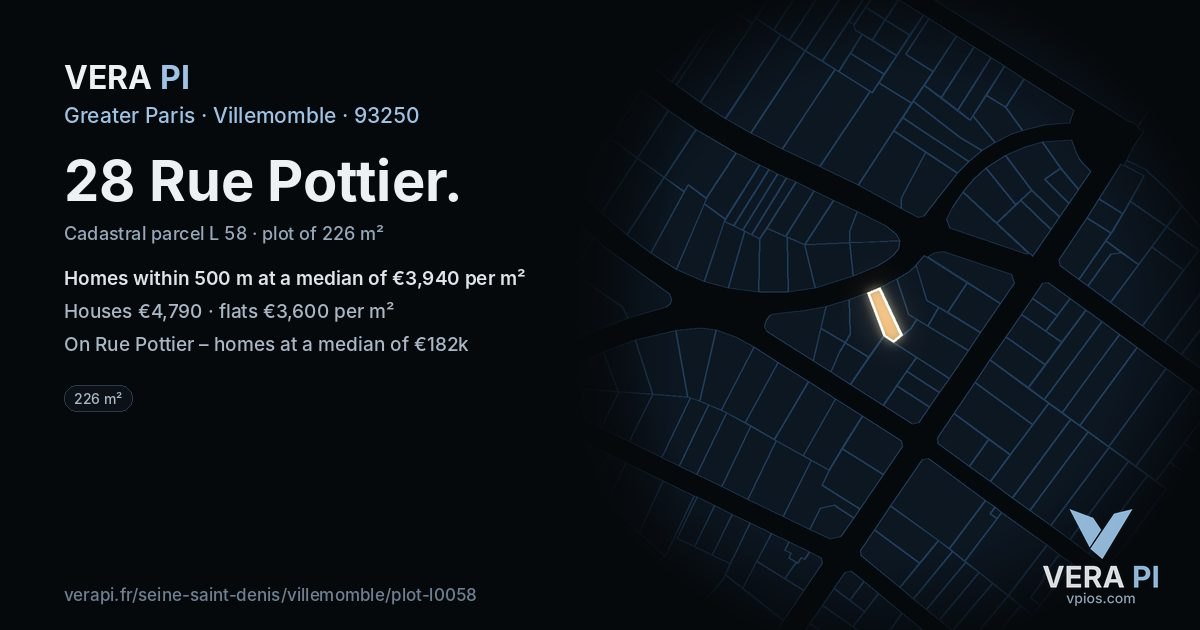 28 Rue Pottier, Villemomble at night – the plot lit, the parcels around coloured by the prices near them