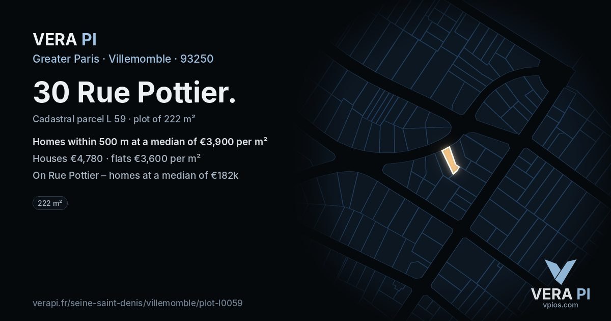 30 Rue Pottier, Villemomble at night – the plot lit, the parcels around coloured by the prices near them