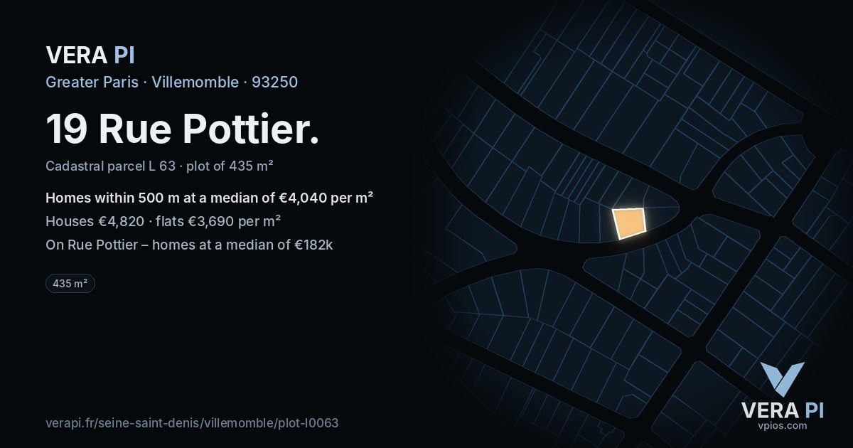 19 Rue Pottier, Villemomble at night – the plot lit, the parcels around coloured by the prices near them