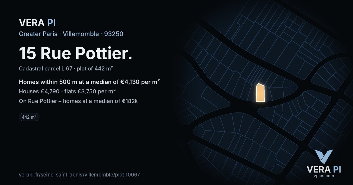 15 Rue Pottier, Villemomble at night – the plot lit, the parcels around coloured by the prices near them