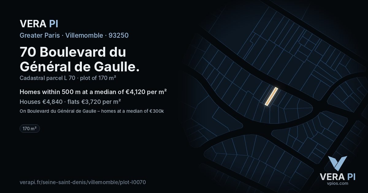 70 Boulevard du Général de Gaulle, Villemomble at night – the plot lit, the parcels around coloured by the prices near them