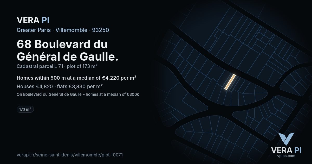 68 Boulevard du Général de Gaulle, Villemomble at night – the plot lit, the parcels around coloured by the prices near them
