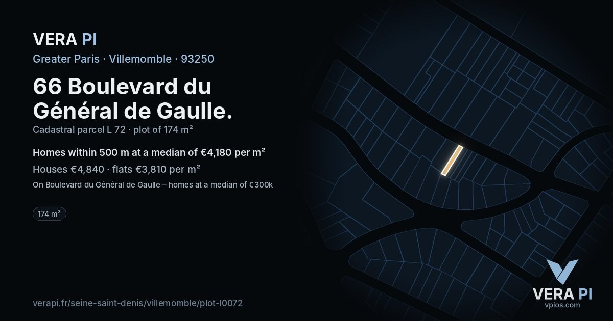 66 Boulevard du Général de Gaulle, Villemomble at night – the plot lit, the parcels around coloured by the prices near them