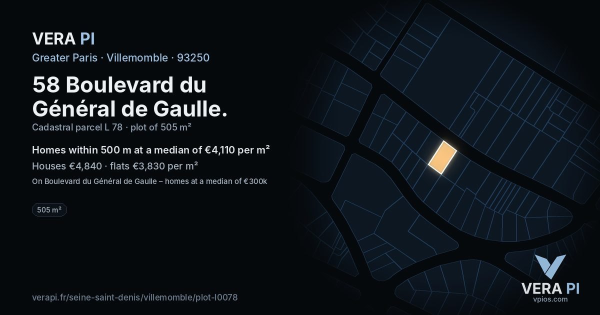 58 Boulevard du Général de Gaulle, Villemomble at night – the plot lit, the parcels around coloured by the prices near them