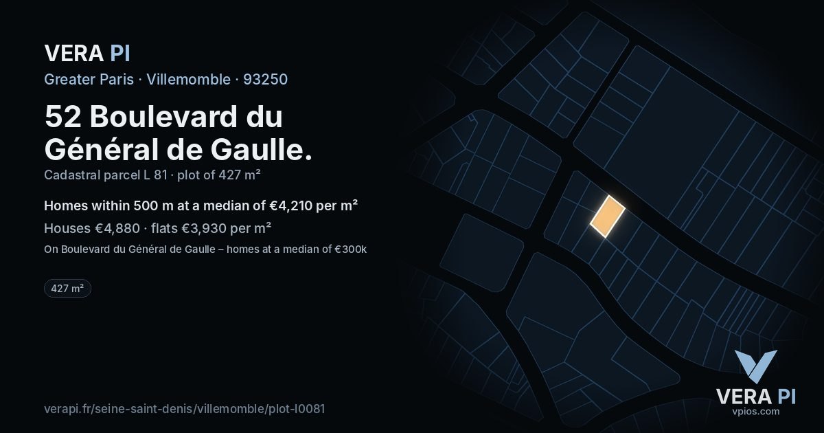 52 Boulevard du Général de Gaulle, Villemomble at night – the plot lit, the parcels around coloured by the prices near them