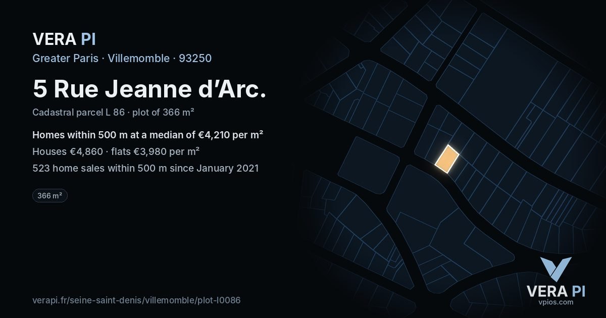 5 Rue Jeanne d’Arc, Villemomble at night – the plot lit, the parcels around coloured by the prices near them