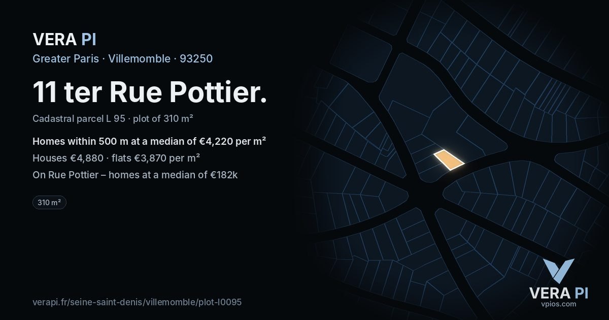 11 ter Rue Pottier, Villemomble at night – the plot lit, the parcels around coloured by the prices near them
