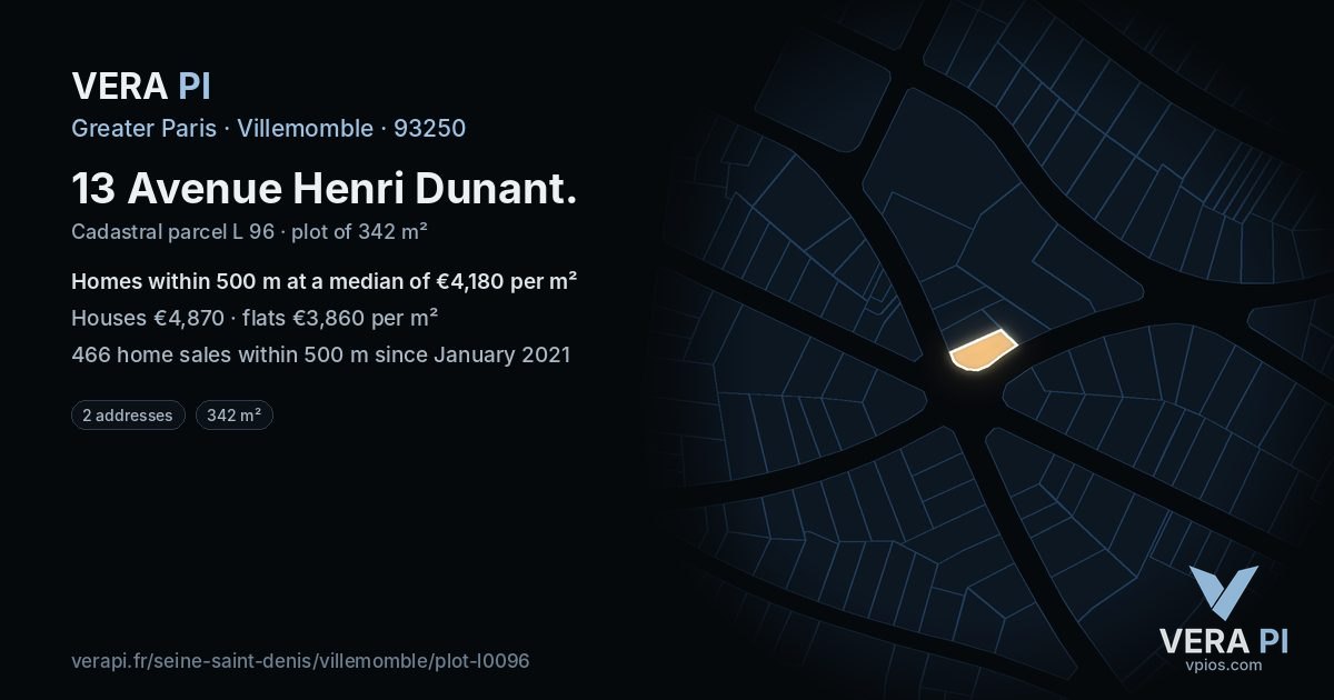 13 Avenue Henri Dunant, Villemomble at night – the plot lit, the parcels around coloured by the prices near them
