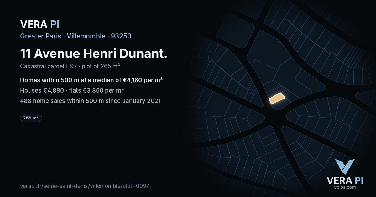 11 Avenue Henri Dunant, Villemomble at night – the plot lit, the parcels around coloured by the prices near them