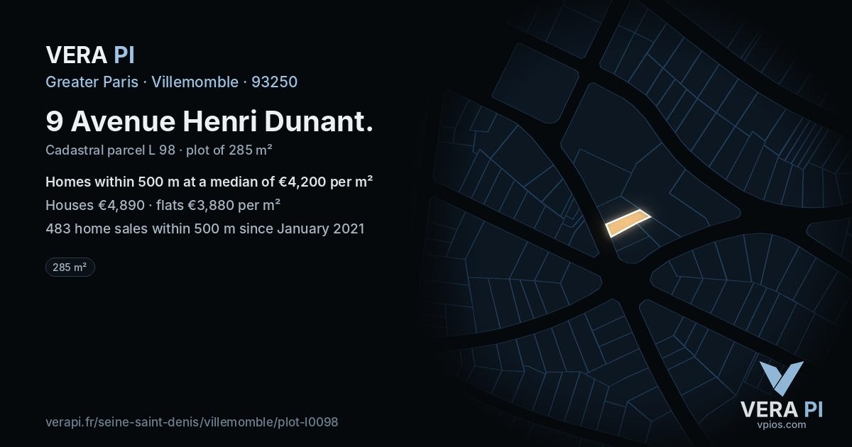 9 Avenue Henri Dunant, Villemomble at night – the plot lit, the parcels around coloured by the prices near them