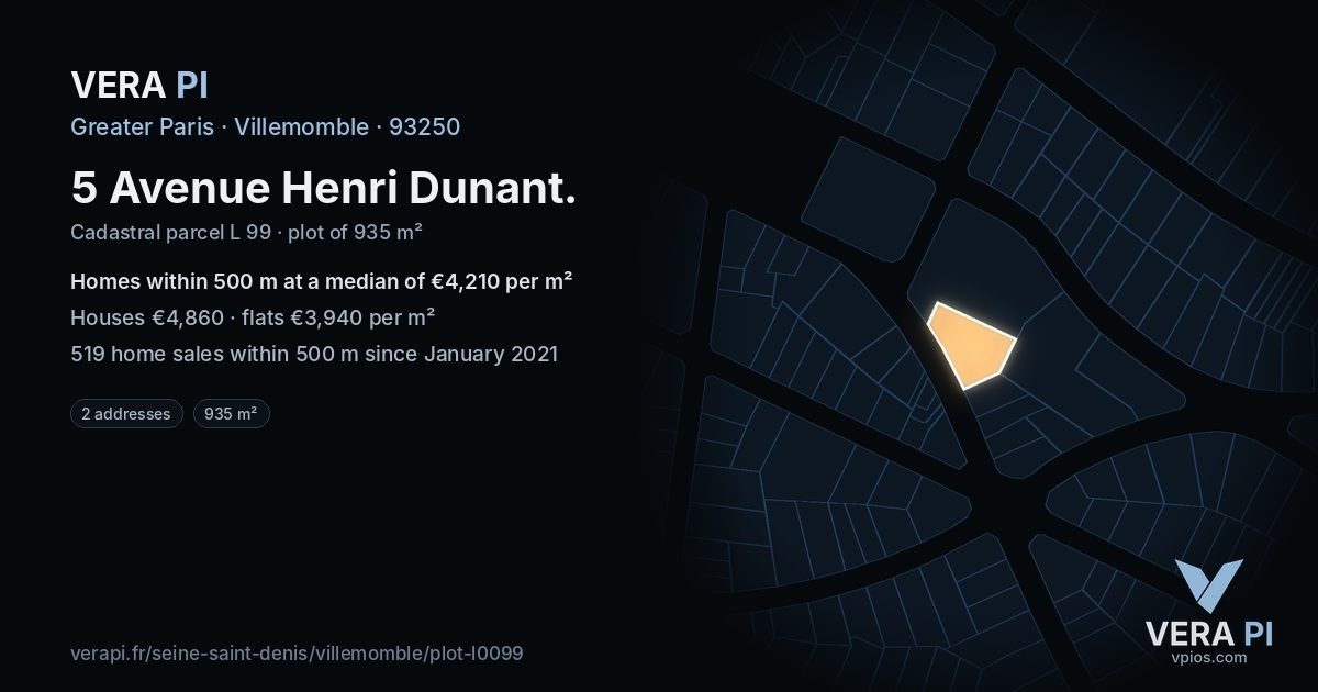 5 Avenue Henri Dunant, Villemomble at night – the plot lit, the parcels around coloured by the prices near them
